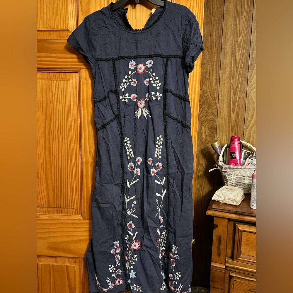 Floral Embroidered Maxi Dress in Navy